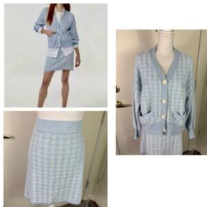 Free Assembly women Sz XXL tweed 2 pc Cardigan skirt set pockets blue white NWOT
